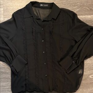 Zara Black Lace-Trim Sheer Blouse